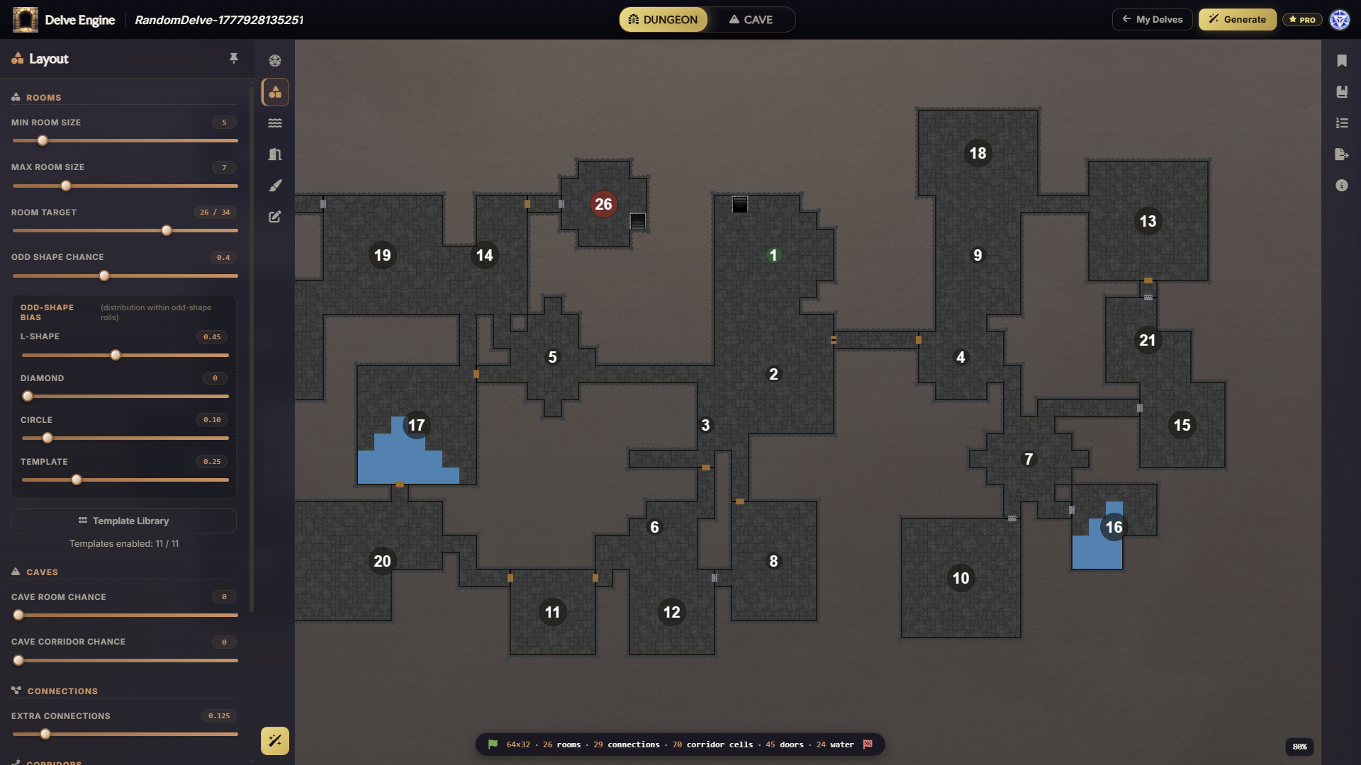 Sample dungeon map generated by Delve Engine